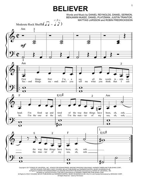 Believer Big Note Piano Print Sheet Music Now