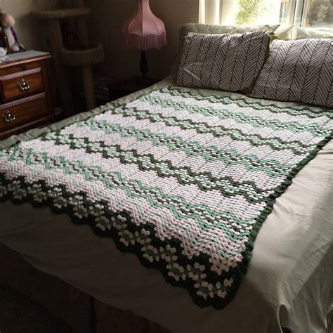Hand Crafted Crochet Afghan Ripple Blanket Greenwhite Etsy