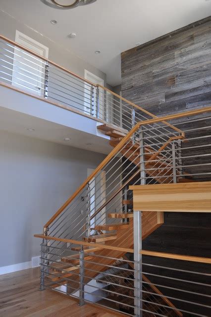 Hickory With Horizontal Stainless 3 Contemporary Staircase
