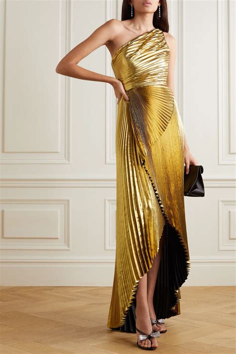 Gold One Shoulder Pleated Silk Blend Lamé Gown Semsem Gowns