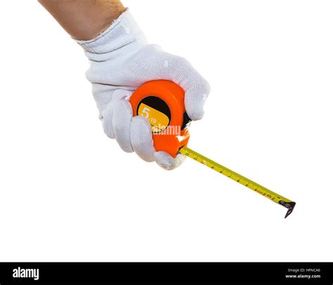 Hand Holding Construction Measuring Tape Isolater On White Background