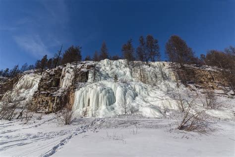 Cliff With Frozen Waterfalls Frontal View Stock Photo Image Of