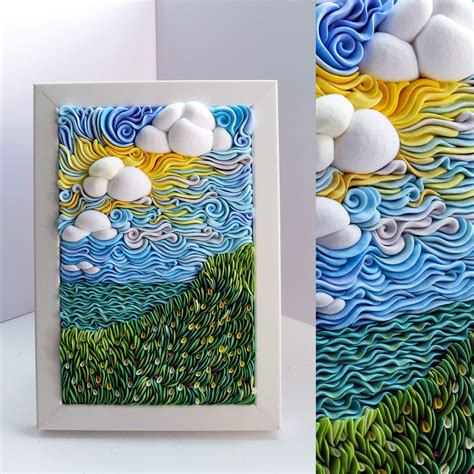 Landscape Wall Art Clay Sculpture Fluffy Clouds Clay Painting Made In