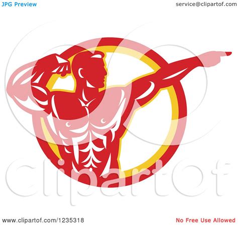 Clipart Of A Red Retro Bodybuilder Flexing And Pointing Over A Circle