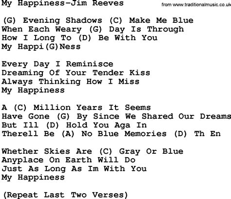 I'll let my state of mind content me 'til i know where my life has sent me to. Country Music:My Happiness-Jim Reeves Lyrics and Chords