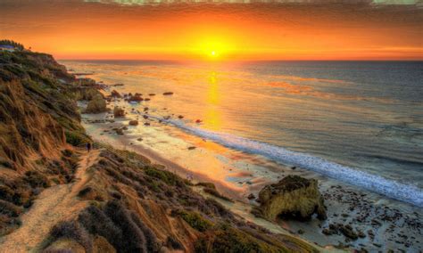 Sunset Sun Red Orange Sky Marine Coast Beach Rock Ocean