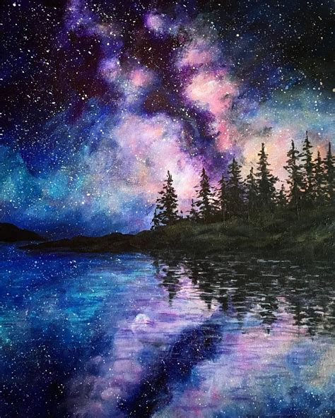 Midnight Lake Painting Lake Painting Sky Painting Galaxy Painting