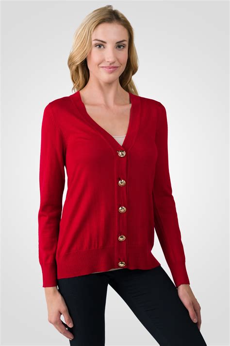 Red Merino Wool Long Sleeve V Neck Cardigan Sweater Jennie Liu