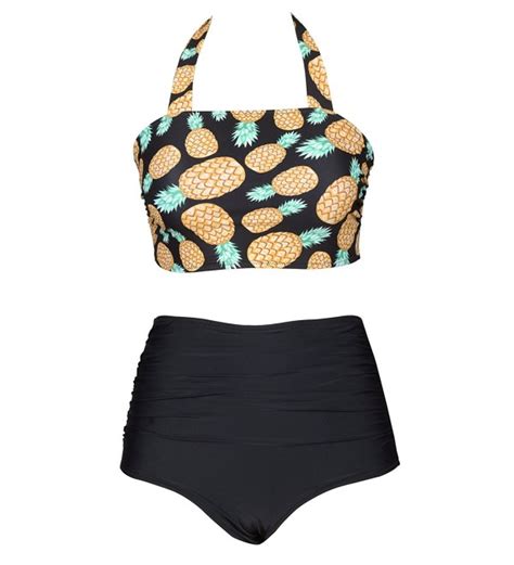 fashion women s pineapple printing high waisted halter padding bikini set cz12iuim13t