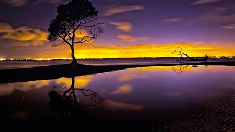 1920x1080 Sunset Trees Sky Clouds Lake Gold Purple Nature