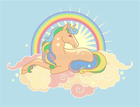 Beautiful Unicorn Lying On Clouds Vector Illustration In Pastel Tones