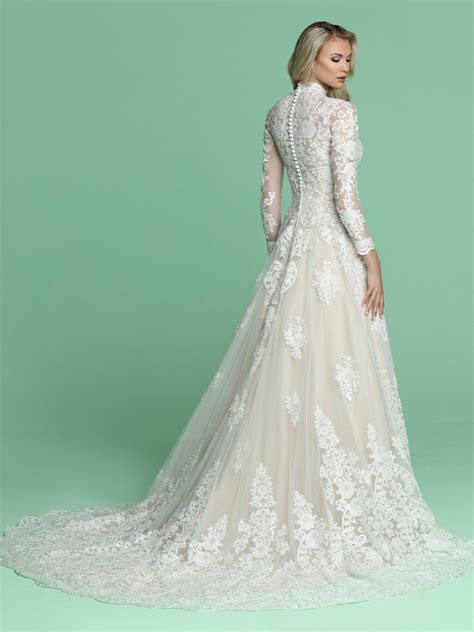 Davinci Bridal Long Sleeve Sheer Lace A Line Wedding Dress High High Neck Wedding Dress