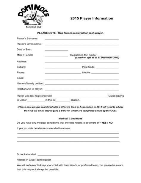 2015 Player Information And Parent Consent Form