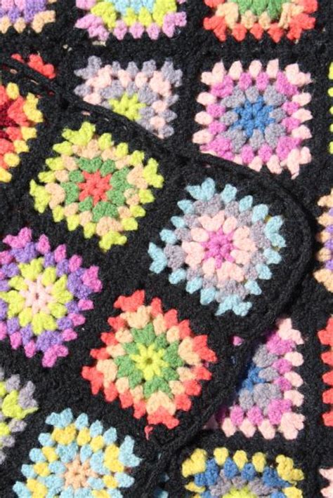 Black W Bright Colors Granny Squares Vintage Crochet Wool Afghan Blanket