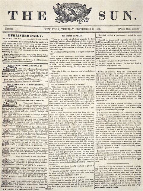 The Sun 1833 Nfront Page Of The First Issue Of The Sun Newspaper From