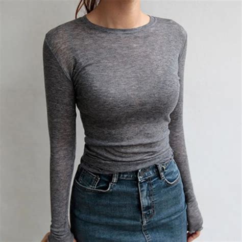 Autumn Sexy Thin T Shirt Women Long Sleeve Solid Color Cotton Elastic