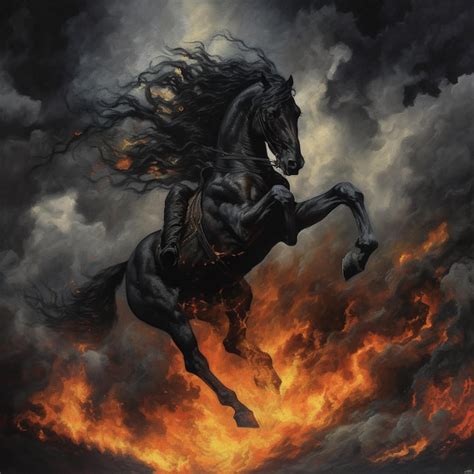 Premium Ai Image Beautiful Black Fiery Horse Jump Burning Background