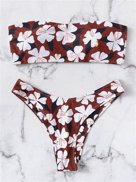 Red Floral Swimsuit Bandeau Top With High Leg Bikini Bottom Bandeau