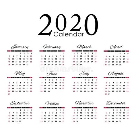 Calendar 2020 Week Starts On Sunday Basic Business Template Stock
