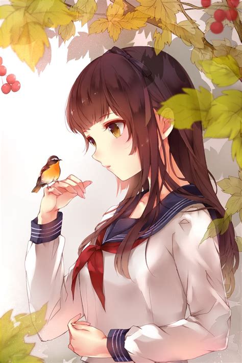 Anime Art Animal Bird Anime Girl With Animal School Uniform