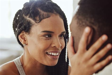 Black Couple Face And Smile In Morning Bedroom And Love With Bonding