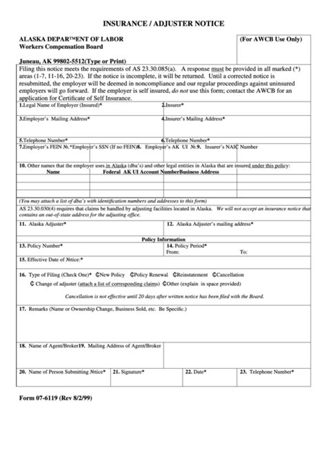 Search for abbreviation meaning, word to abbreviate, or category. Fillable Form 07-6119 - Insurance / Adjuster Notice - Alaska Department Of Labor printable pdf ...