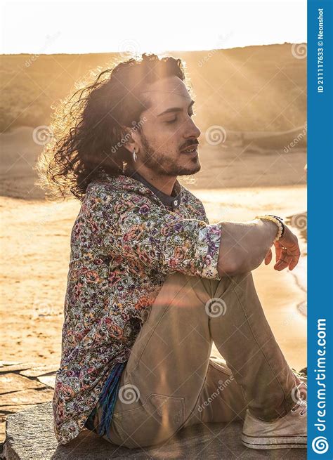 Boho Hippie Man Meditating On The Sandy Desert Stock Image Image Of