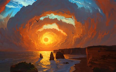 Artwork Sea Sunset Digital Art Rhads Landscape Clouds Painting Hd Wallpaper Rare Gallery