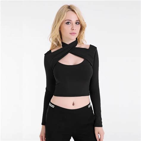 Sexy Low Cut Cross Bandage Halter Women Tops 2018 Spring Long Sleeve Casual Short Blouses Black