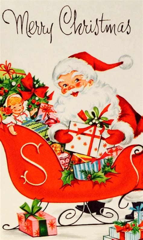 vintage christmas card retro santa sleigh and ts