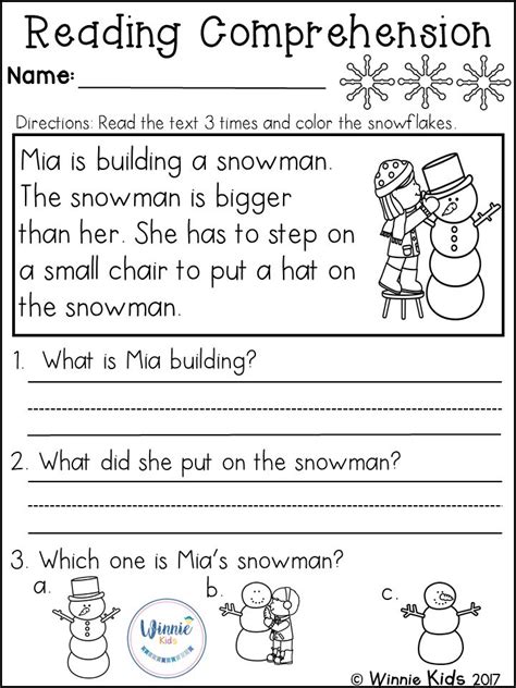 Kindergarten Reading Comprehension Passages Winter Reading