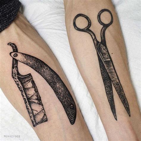 Scissors And Straight Razor Tattoos Inked On Both Forearms By Monkey