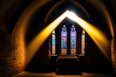 Premium Ai Image A Stained Glass Window In A Dark Room With The Sun Shining Through It