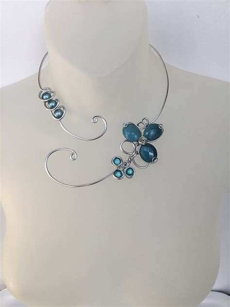 Ash blue necklace, Turquoise blue necklace, Open collar necklace, Aluminium wire necklace ...
