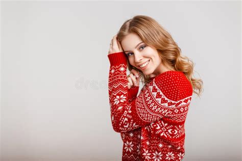 Beautiful Young Girl In A Red Vintage Sweater Stock Photo Image Of