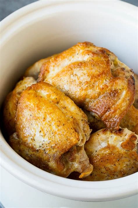 I put the chicken in a dish when it was done, strained the sauce into a saucepan, skimmed off the fat with a ladle & heated the strained sauce with some cornstarch to thicken, and then poured the sauce over the chicken. Slow Cooker Chicken Thighs | Crock Pot Chicken Thighs ...