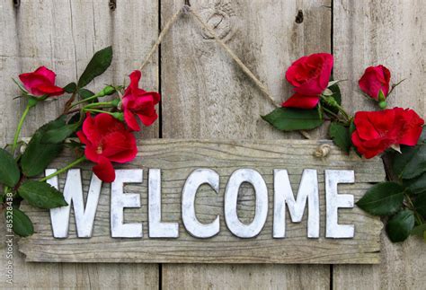 Welcome Sign With Red Roses Border Stock Photo Adobe Stock