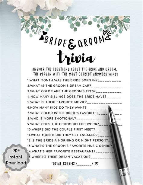 Bride And Groom Trivia Bridal Shower Game L Newlywed Game L Etsy