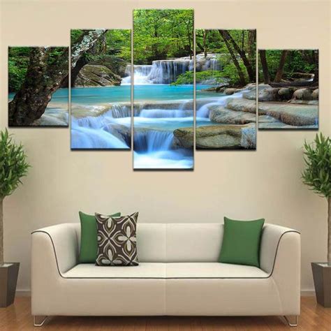 Beautiful Natural Waterfall And River Forest Framed 5 Piece Canvas Wall