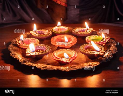 Happy Diwali Diya Oil Lamps Lit At Deepavali Celebration Hindu
