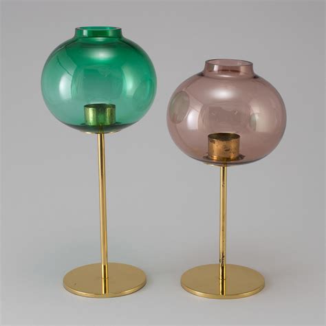 Hans Agne Jakobsson Two Brass And Glass Candle Holders Markaryd 1960