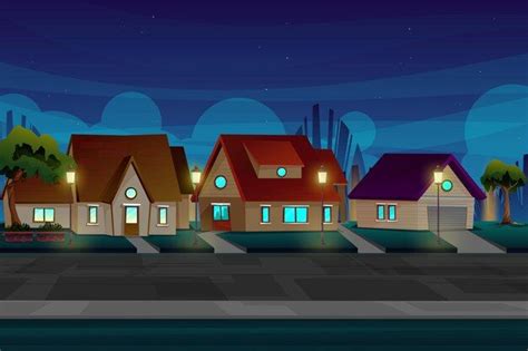 Free Vector Beautiful Nigth Scene With House In Village Near Road