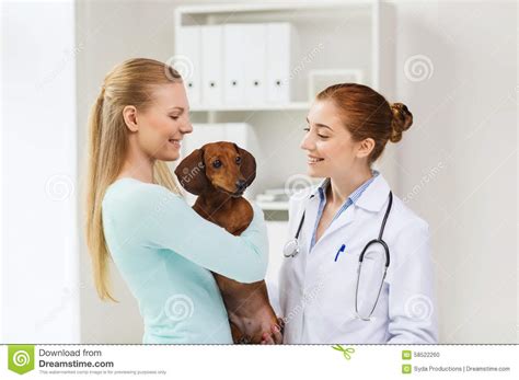Our veterinarians have been providing exceptional care to vinings and the greater atlanta, georgia, pet our goal is to give pet parents the tools to make the best decisions for their furry families so they can go on to live happy and healthy lives together. Happy Woman With Dog And Doctor At Vet Clinic Stock Photo ...