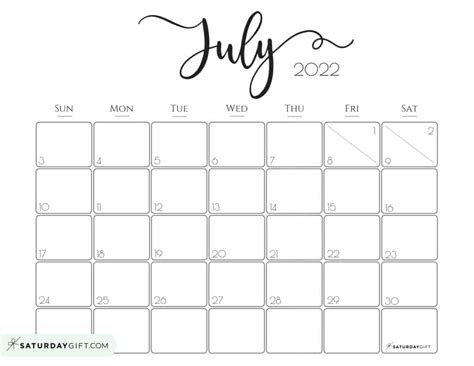 Cute And Free Printable July 2022 Calendar Saturdayt