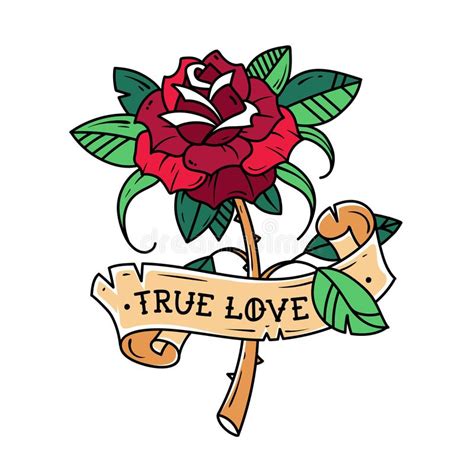Tattoo Red Rose With Ribbon True Love Stock Vector Illustration Of
