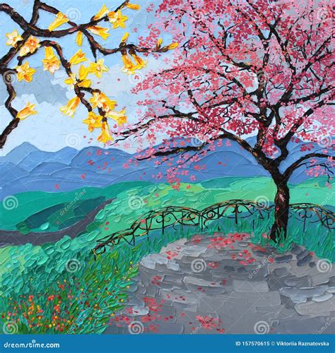 Art And Collectibles Oil Abstract Blue Landscape Painting Sakura Wall Art