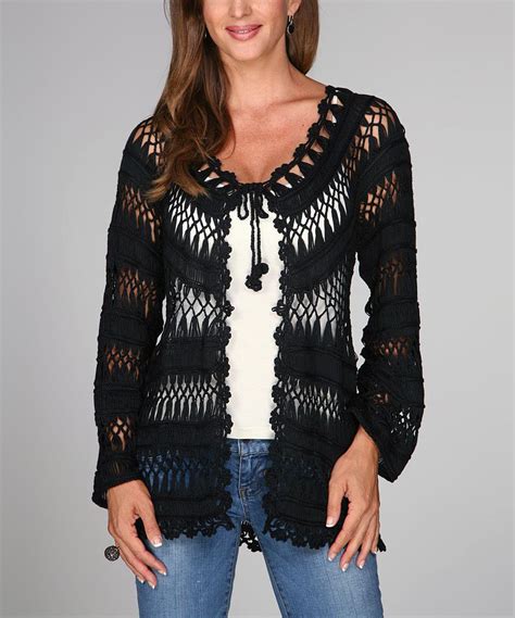 Look At This Black Crocheted Long Sleeve Tie Neck Cardigan On Zulily