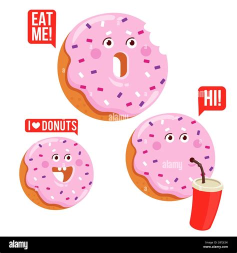 Funny Cartoon Donut Character Emoticon Set Happy Donut Sticker Vector