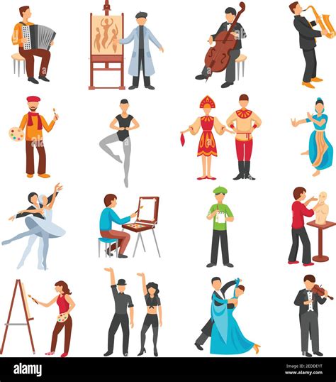 Artistas iconos de personas con músicos pintores y bailarines plano