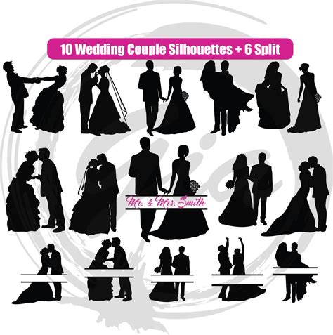 Wedding Couple Silhouettes SVG bride and groom split clipart | Etsy